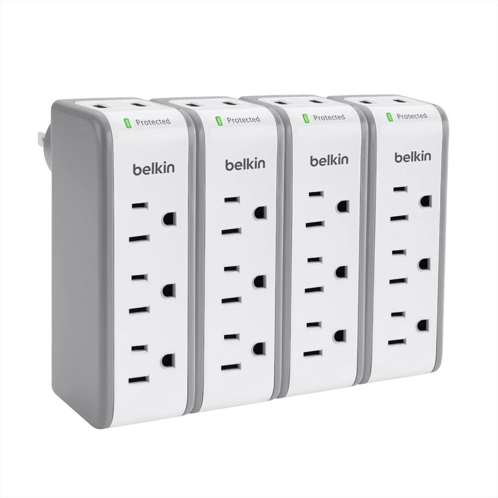 imageBelkin 6Outlet Wall Surge Protector w 2 USBA Ports WallMountable Surge Protector for Home Office Travel Computer Desktop Laptop Phone Charger amp More 900 Joules of ProtectionPack of 4