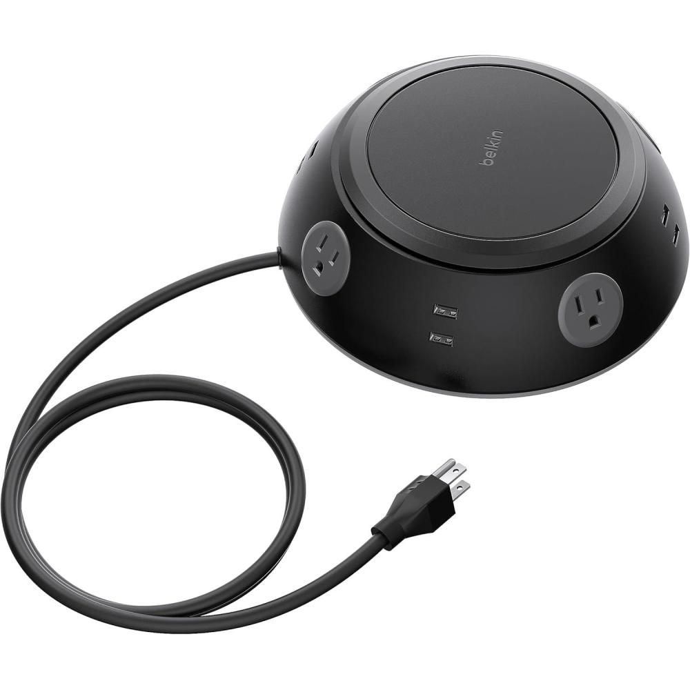 imageBelkin Round Surge Protector 4 Outlet Surge Protector Includes 8 FastCharging UsbA Ports W 6 Ft Heavy Duty Flat Plug Extension Cord For Conference Rooms Computer Desktops amp More 1080 Joules4 AC 8 USB w Surge Protection