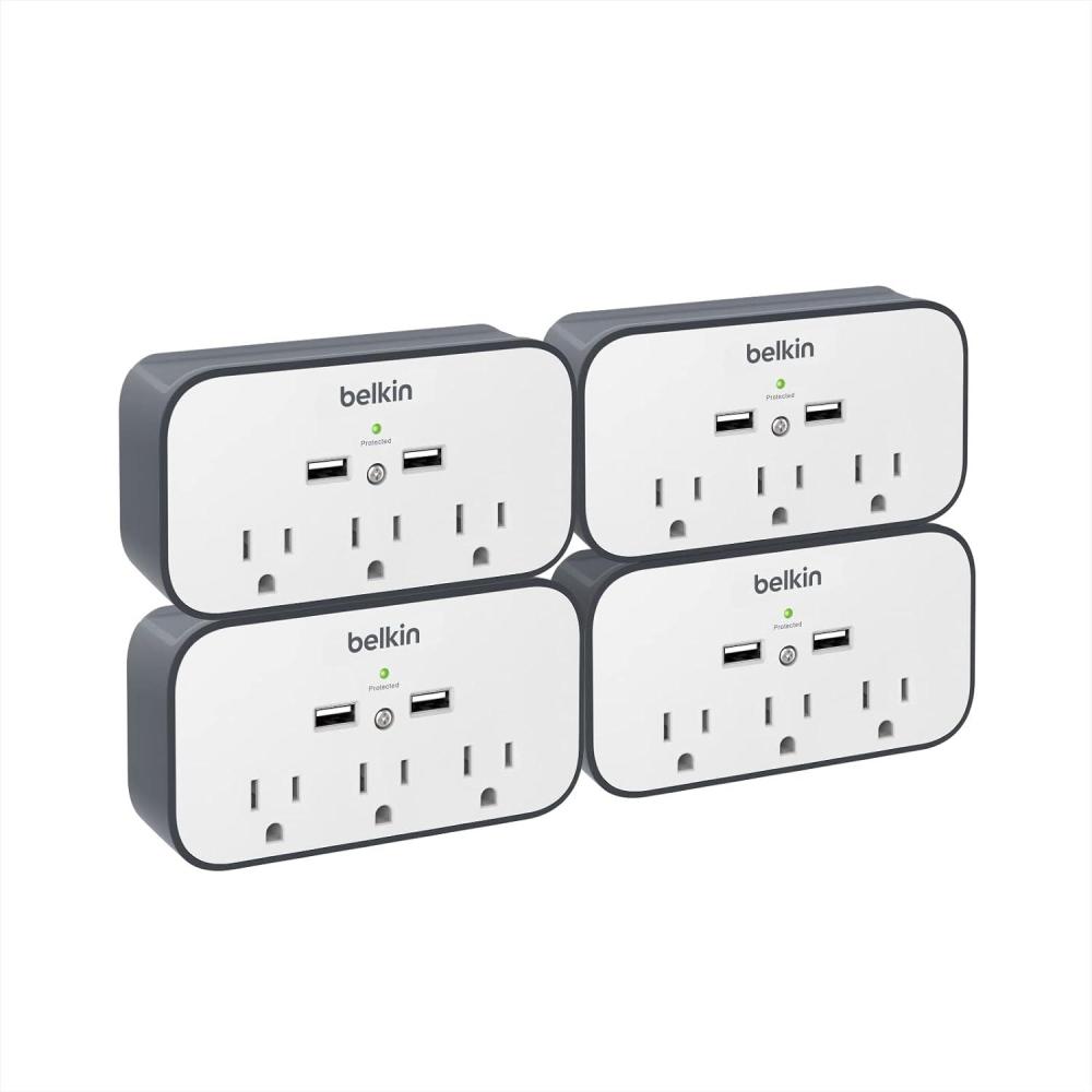 imageBelkin Wall Surge Protector 3 Outlet w 2 USB Ports Mount with Premium Protection Against Surges Safe Charge for Mobile Devices Tablets amp More 540 Joules4 Pack