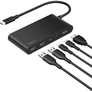 Belkin USB C Hub, 5-Port Hub w/ 4K HDMI Display @ 60Hz, 100W Power Delivery, Fast Data Transfer 5Gbps, USB C Multiport Adapter for MacBook, iPad Pro, Chromebook, & More – Upgraded HDMI 2.0