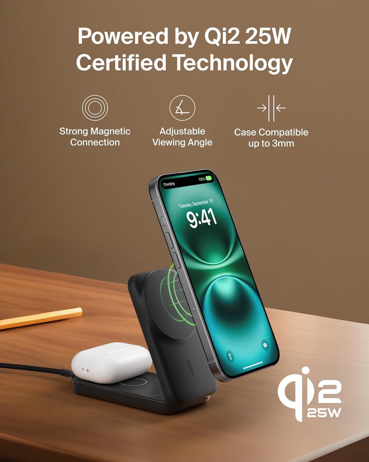 imageBelkin MagSafe Charger Compatible 2in1 Charging Station Qi22 25W Magnetic Wireless Charger Dock Foldable Stand with 5W USBC Port for iPhone 171615 Pixel 10 AirPods 45W Adapter IncludedBlack