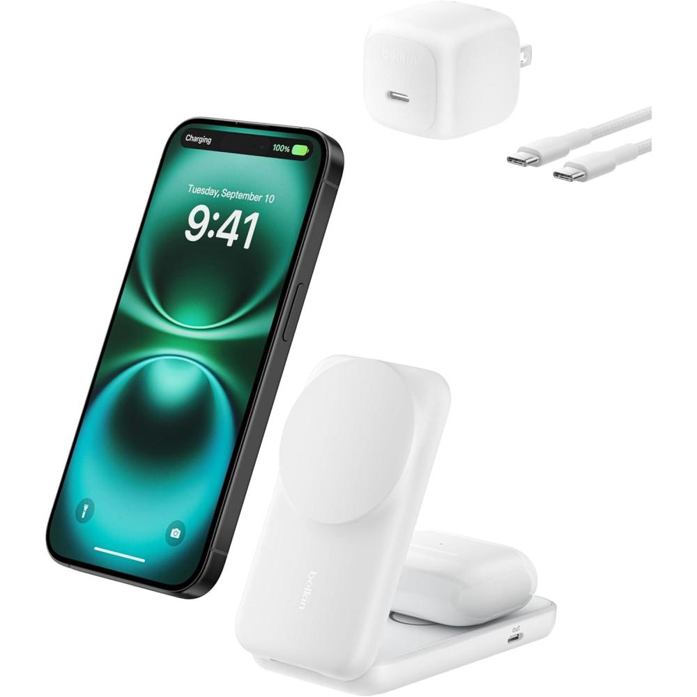 imageBelkin MagSafe Charger Compatible 2in1 Charging Station Qi22 25W Magnetic Wireless Charger Dock Foldable Stand with 5W USBC Port for iPhone 171615 Pixel 10 AirPods 45W Adapter IncludedWhite