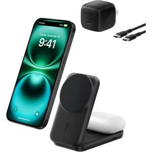 Belkin MagSafe Charger Compatible, 2-in-1 Charging Station, Qi2.2 25W Magnetic Wireless Charger Dock, Foldable Stand, with 5W USB-C Port, for iPhone 17/16/15, Pixel 10, AirPods (45W Adapter Included)(Black)