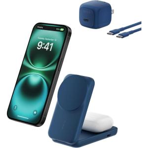 Belkin MagSafe Charger Compatible, 2-in-1 Charging Station, Qi2.2 25W Magnetic Wireless Charger Dock, Foldable Stand, with 5W USB-C Port, for iPhone 17/16/15, Pixel 10, AirPods (45W Adapter Included)(Blue)