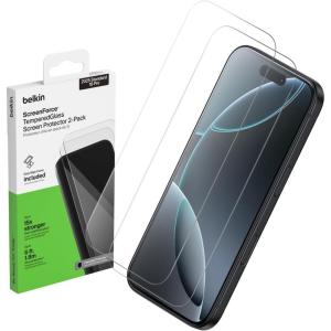 Belkin ScreenForce TemperedGlass Screen Protector for iPhone Air, Scratch-Resistant Impact Protection w/Included Easy Align Tray for Bubble Free Application, Recycled Glass(Tempered Glass 2-Pack)